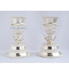 Fine Quality Tibetan Buddhist Ritual 8" Silver Butter Lamps Set with Fine Hand Carvings from Patan, Nepal