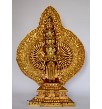 Fine Quality Hand Carved Face Painted 20" Avalokeshvara Gold Gilded Copper Statue From Nepal