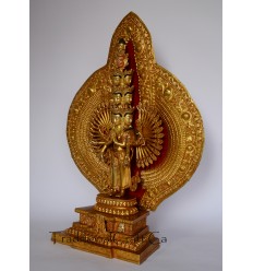 Fine Quality Hand Carved Face Painted 20" Avalokeshvara Gold Gilded Copper Statue From Nepal