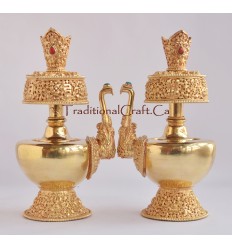 9" Tibetan Buddhism 24 K Gold Gilded Copper Alloy Sacred Vase Bhumpa Set Nepal