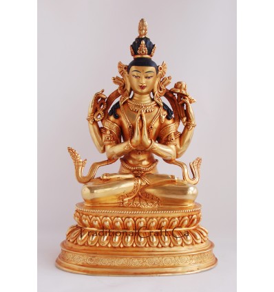 Finely Hand Carved 9.75" Chenrezig Copper Gold Gilded with Antique Finish Statue From Patan, Nepal