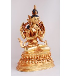 Finely Hand Carved 9.75" Chenrezig Copper Gold Gilded with Antique Finish Statue From Patan, Nepal