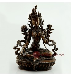 Fine Quality 8.75" Green Tara/Dolma Hand Carved Oxidized Copper Statue From Patan, Nepal