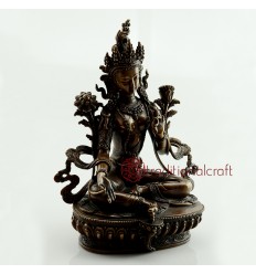 Fine Quality 8.75" Green Tara/Dolma Hand Carved Oxidized Copper Statue From Patan, Nepal