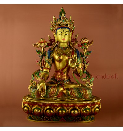 Fine Quality 18" White Tara 24 K Gold Gilded Copper Statue From Patan