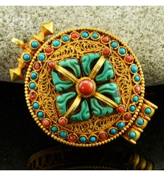 Fine Quality Gold Plated Silver Turquoise Coral Stones Viswa Vajra Ghau Gau Prayer Box Pendant from Patan, Nepal