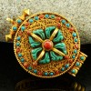 Fine Quality Gold Plated Silver Turquoise Coral Stones Viswa Vajra Ghau Gau Prayer Box Pendant from Patan, Nepal