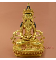 Fine Quality Gold Gilded 9" Aparmita Copper Hand Carved Gold Face Painted Statue from Patan, Nepal