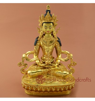 Fine Quality Gold Gilded 9" Aparmita Copper Hand Carved Gold Face Painted Statue from Patan, Nepal