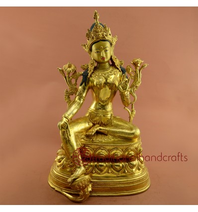 Fine Quality Gold Face Painted 18" Green Tara Copper Gold Gilded Statue From Patan, Nepal.