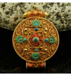 Fine Quality Gold Plated Silver Turquoise Coral Stones Ghau Gau Prayer Box Pendant from Patan, Nepal