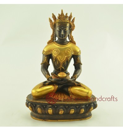 Fine Quality 10.25" Crowned Amitabha Buddha  Oxidized Antiquated Gold Gilded CopperStatue 