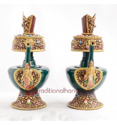 Fine Quality Tibetan Buddhism 8" Beautifully Hand Painted Copper Alloy Bhumpa Sacred Vase Set