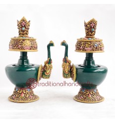 Fine Quality Tibetan Buddhism 8" Beautifully Hand Painted Copper Alloy Bhumpa Sacred Vase Set