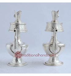 Fine Quality 6.25" Tibetan Buddhism Copper Alloy Silver Plated Bhumba Sacred Vase Set Nepal