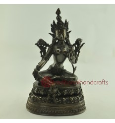 Fine Hand Carved 14" Green Tara/Dolma Oxidized Copper Statue .