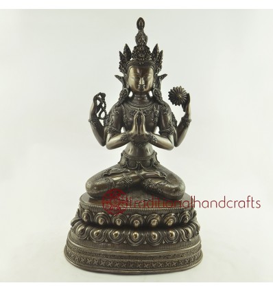 Fine Quality 13.75" Chenrezig Avalokiteshvara Oxidized Copper Alloy Statue Patan