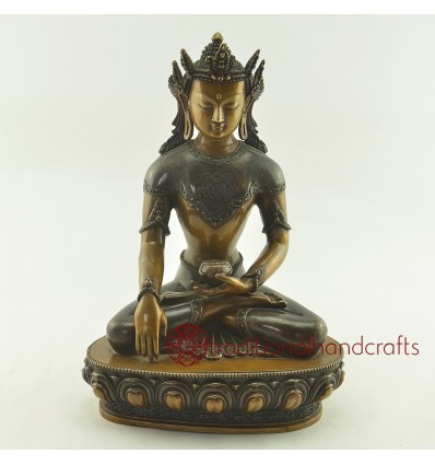 Fine Quality Oxidized Copper Alloy 10" Crowned Shakyamuni Buddha Statue from Patan, Nepal