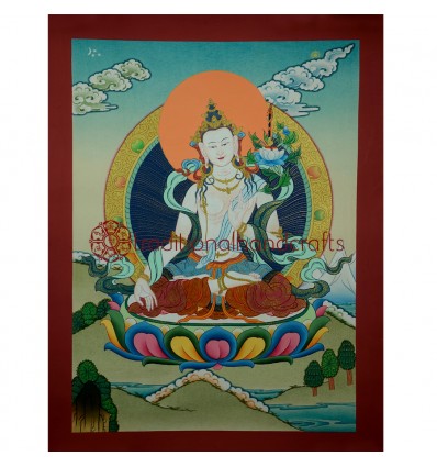 17"x13.25" White Manjushri  Thangka Painting