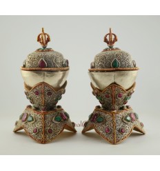 Finely Hand Carved Copper Alloy Silver Plated Siko Design 7" Tibetan Buddhist Kapala Set from Patan, Nepal