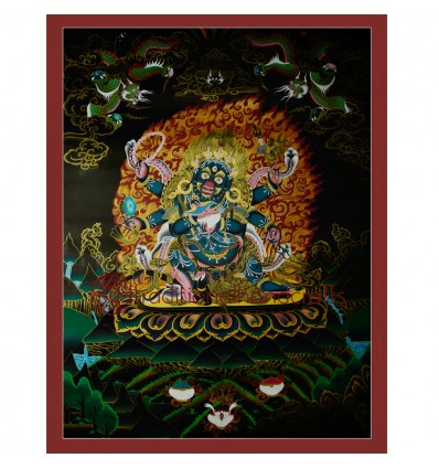 35"x27" Black Mahakala Thangka Painting