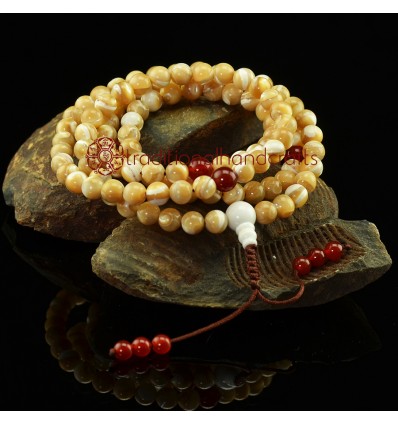 7.5 mm Natural Mother of Pearl 108 Beads Mala with Carnelian Partition Beads