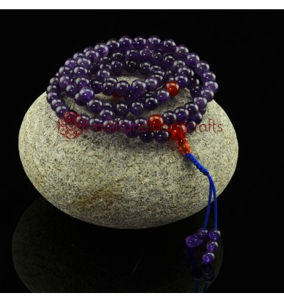 8 mm Amethyst 108 Beads Mala with Carnelian Partition Beads
