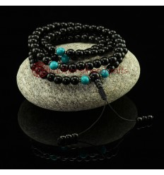 8 mm Black Onyx 108 Beads Mala with Turquoise Partition Beads