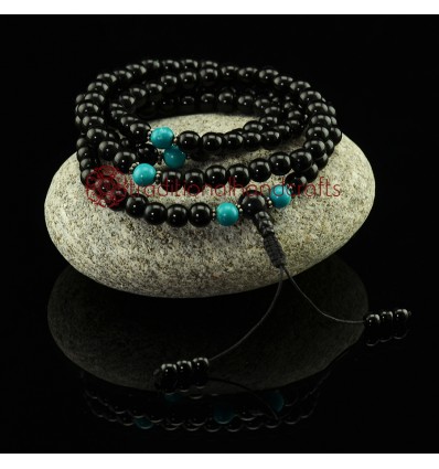8 mm Black Onyx 108 Beads Mala with Turquoise Partition Beads