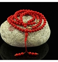 8 mm Coral 108 Beads Mala with Citrine Partition Beads and a Coral Guru Bead