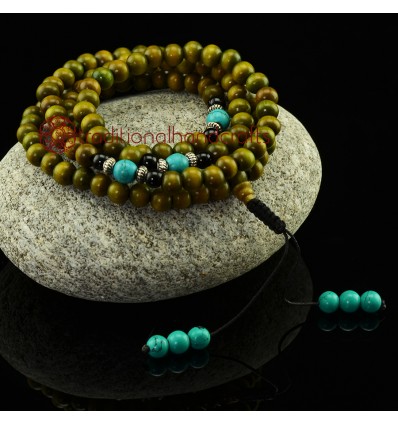 8 mm Green Rosewood 108 Beads Mala with Turquoise Partition Beads