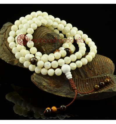 8 mm Natural Mother of Pearl 108 Beads Mala with Tiger Eye Partition Beads