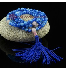 8 mm Sodalite 108 Beads Mala with Rose Quartz Partition Beads