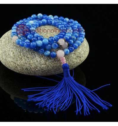 8 mm Sodalite 108 Beads Mala with Rose Quartz Partition Beads