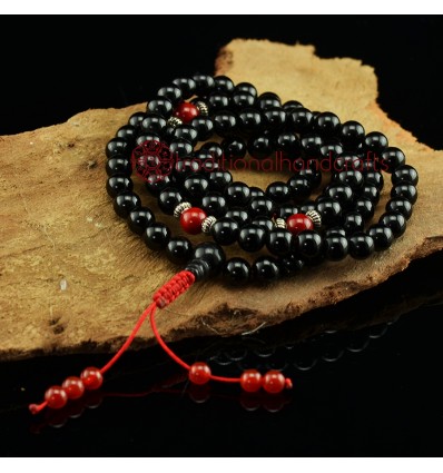 8 mm Black Onyx 108 Beads Mala with Coral Partition Beads and Black Onyx Guru Bead