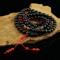 8 mm Black Onyx 108 Beads Mala with Coral Partition Beads and Black Onyx Guru Bead