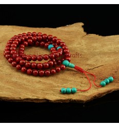 8 mm Chinese Coral 108 Prayer Beads Mala with Turquoise Partition Beads