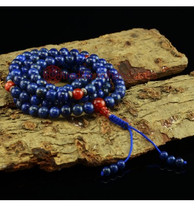 8 mm Lapis 108 Beads Mala with Carnelian Partition Beads and a Carnelian Guru Bead
