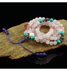 8 mm Rose Quartz 108 Beads Mala with Amethyst Partition Beads, Turquoise Decoration Beads and Shell Guru Bead