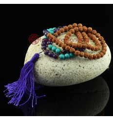 8 mm Rudraksha Beads Mala with Amethyst and Turquoise Decoration Beads