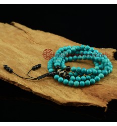 8 mm Turquoise 108 Beads Mala with Black Onyx Partition Beads, Dzi decoration bead with Black Onyx Guru Bead