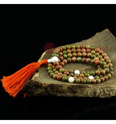 8 mm Unakite 108 Beads Mala with Conch Shell Partition Beads and a Conch Shell Guru Bead