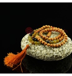 8 mm Wooden Beads Mala with Nifrit and Black Onyx Decoration Beads and a Crystal Guru Bead