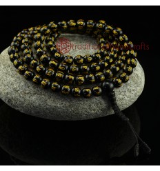 8 mm Om Mane Padme Hum Carved Black Onyx 108 Prayer Beads Mala