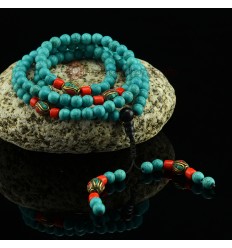 8 mm Turquoise 108 Prayer Beads, 10 mm Nepali and 7 mm Coral Partition Beads Mala