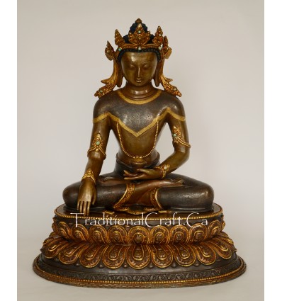 13.5" Crowned Shakyamuni Buddha Oxidized Copper Alloy with Gold Gilded Statue from Patan Nepal