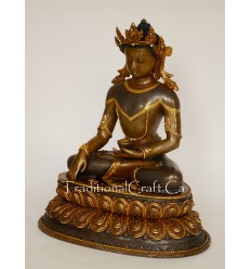 13.5" Crowned Shakyamuni Buddha Oxidized Copper Alloy with Gold Gilded Statue from Patan Nepal