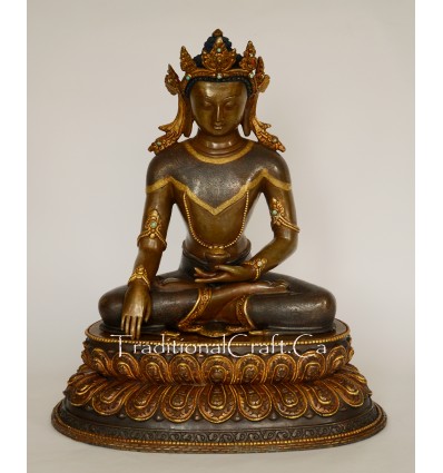 13.5" Crowned Medicine Buddha Oxidized Copper Alloy with Gold Gilded Statue From Patan , Nepal