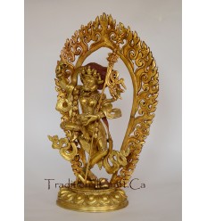 15.5" Simha Mukhi Jogini Dakini Antiquated Gold Gilded Copper Statue Patan