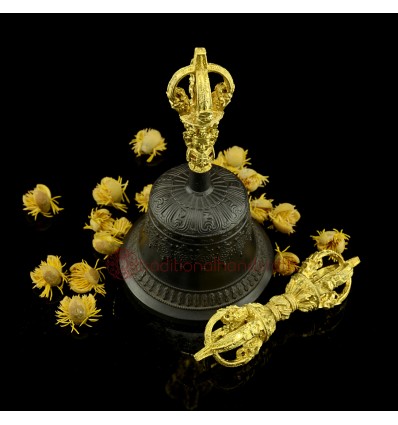 Fine Quality Buddhist 7.25" Vajra Ghanta Set Bronze Alloy with Gold Plated from Patan, Nepal